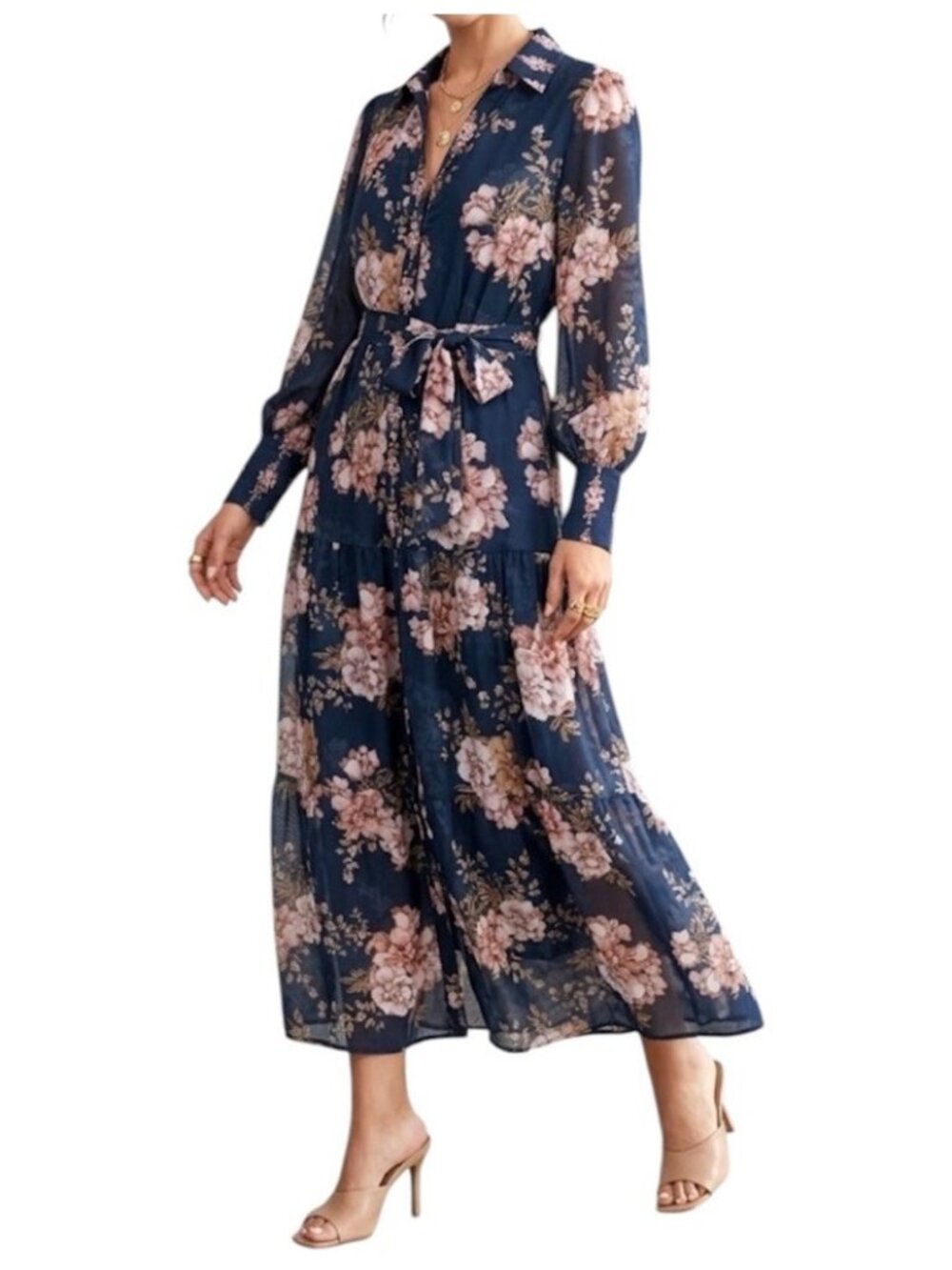 Esther & Co Blue Floral Button Down Long Sleeved Workwear Cottage Dress Size 8